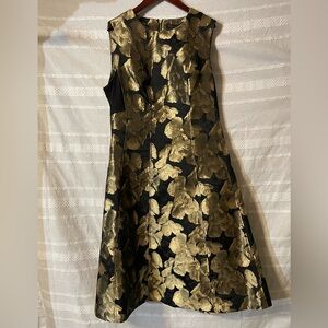 Donna Karen New York Gold Floral Jacquare Jewel Neck Waistband Sheath Dress